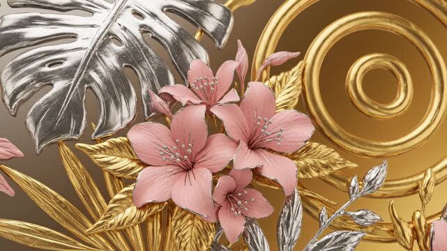 Gold Pink Silver Tropical Flowers Pattern - Close-up of pink flowers and tropical leaves with gold and silver metallic textures, arranged artfully against a gold background featuring swirling