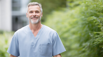 Smiling male doctor outdoors in natural light, symbolizing healthcare, trust, lifestyle and wellbeing with clean portrait composition and copy space.