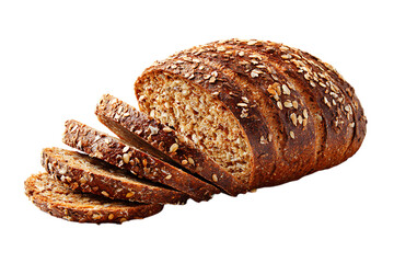 Freshly baked multigrain bread loaf, sliced, on black background.