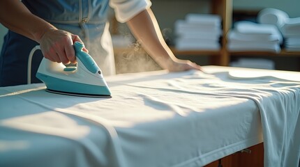 Detailed 4K scene of ironing cotton t-shirt in textile workshop, fabric weave and stitching in sharp focus, steam softly illuminated, cinematic motion shot conveying craftsmanship, care