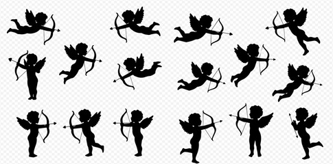 Silhouette illustrations of cupids in various poses, holding bows and arrows, some flying and some standing.