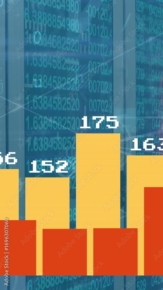 Poster animation of statistical data processing and network of digital icons against computer server room