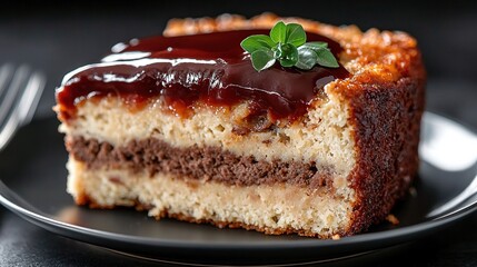   A slice of cake on a platter with cutlery nearby