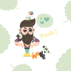 Hipster with his cats. Vector flat illustration