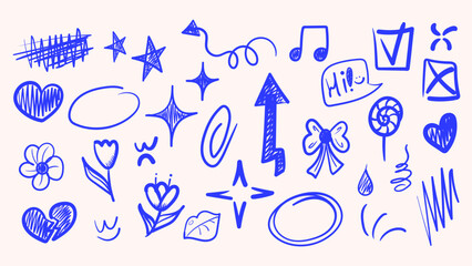 Doodle minimalistic ink pen line element set. Hand drawn ribbon, flower, heart, arrow, star decoration symbol. Vector illustration.