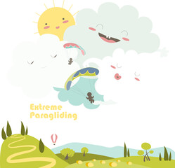 Two paragliders on sky with cute clouds. Vector illustration
