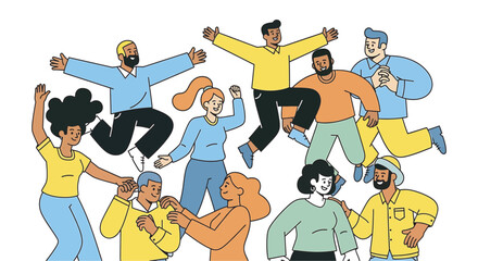 Diverse group of people jumping and celebrating together in a joyful gathering, expressing happiness and unity in a lighthearted atmosphere.