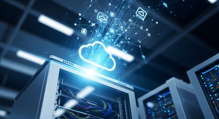 Data streams upload to a cloud server from multiple computer servers in a data center.