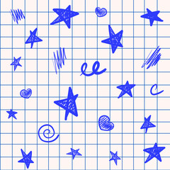 Hand drawn doodle red stars and hearts seamless pattern on notebook grid background