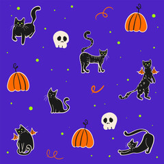 Black cat doodle vector seamless pattern. Halloween seamless pattern with skull, pumpkin and cat in different poses. Isolated vector pattern.
