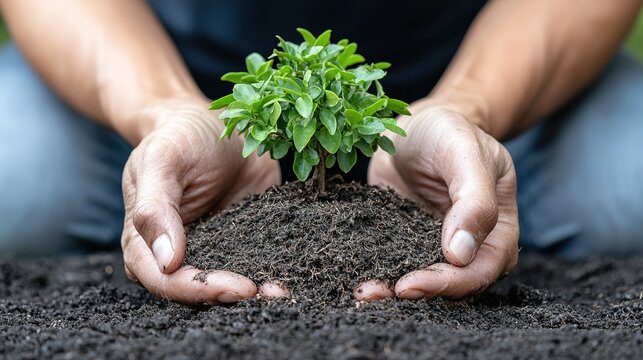   A person extending hands over a mound of dirt containing a lone green plant
