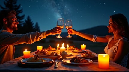 Couple sharing a meal under a clear starry sky, outdoor candlelit table, glasses clinking , warm golden reflections on faces, intimate and joyful atmosphere captured in photorealistic quality