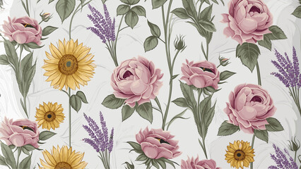 Seamless Pastel Floral Pattern with Roses, Sunflowers, and Lavender