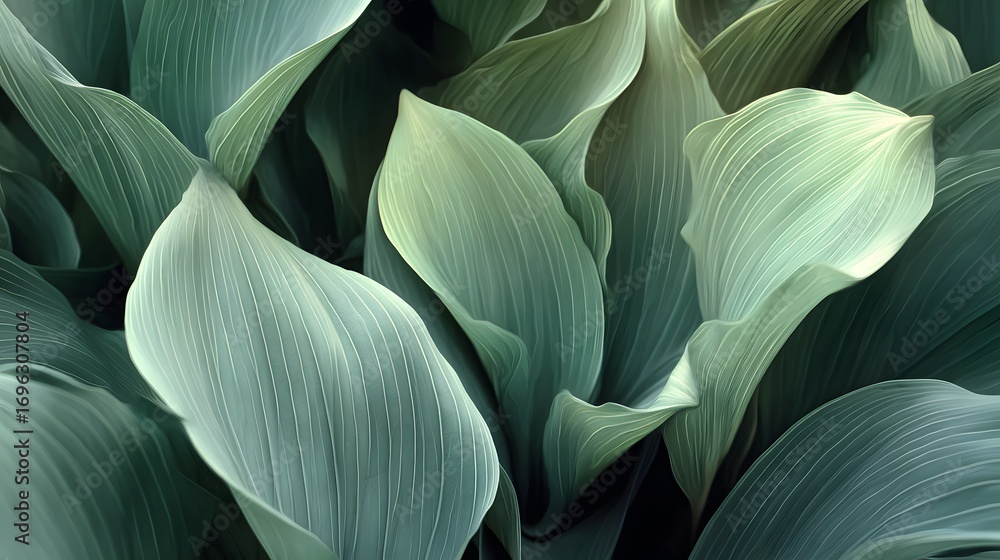 Poster close-up view of lush, overlapping leaves exhibiting a spectrum of soft greens and subtle textures.