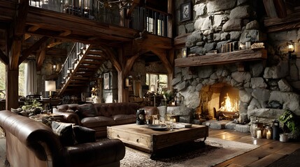 Rustic living room design with stone fireplace and leather sofas interior decor ideas inspiration