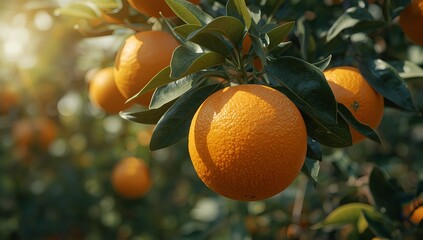 Detailed macro view of ripe oranges hanging amid dense green leaves, sunlight filtering through branches, realistic textures of citrus skin and veins on leaves, sharp focus, nature-inspired