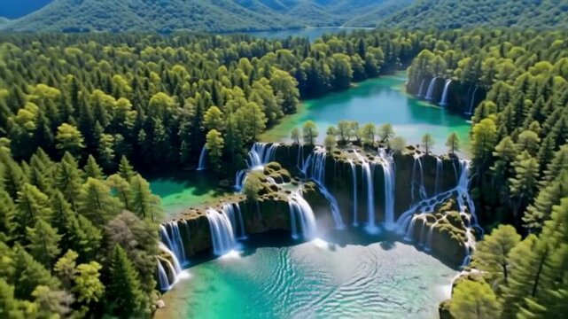 Aerial drone panoramic view of Plitvice Lakes Croatia waterfalls turquoise waters and green forests 4K UHD
