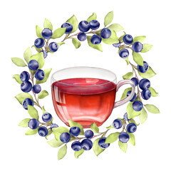 Watercolor Berry Tea Cup and Blueberry Wreath. Round Design with Hot Drink and Berries