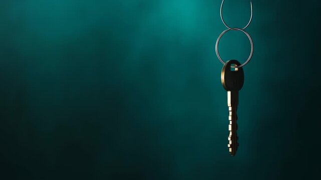 Golden key on keyring slowly descends against teal background, reflecting on surface below It symbolizes access, opportunity, potential, secrets, and mystery