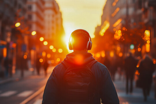 Person wearing headphones walking away into a vibrant city sunset. Golden hour light illuminates urban street with blurred people and buildings. Journey and music concept.