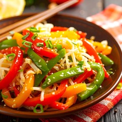 Colorful medley of sliced bell peppers, snow peas, and bean sprouts, garnished with sesame seeds and green onions, served on a brown plate.