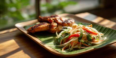 Som Tum spicy papaya salad with grilled chicken wings served on banana leaf on wooden plate in natural light