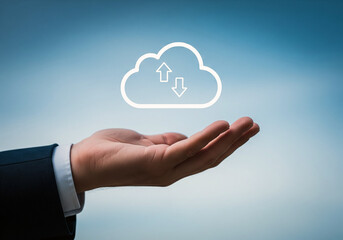 Businessman's hand presenting a cloud icon for data storage, upload, and download services. Cloud computing technology concept.