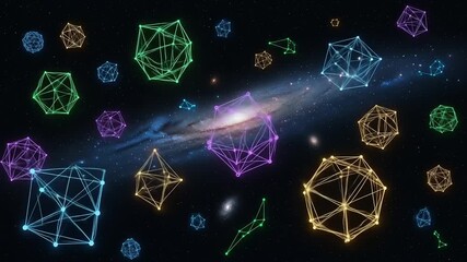 Abstract geometric shapes floating in a cosmic space with a galaxy backdrop, ideal for science themes