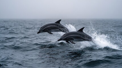 Obraz premium Wide shot of two dolphins leaping in sync from rough ocean waves with white splashes under a grey overcast sky, symbolizing freedom, harmony, and energy, ideal for nature, travel, or editorial use