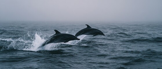 Naklejka premium Wide shot of two dolphins leaping in sync from rough ocean waves with white splashes under a grey overcast sky, symbolizing freedom, harmony, and energy, ideal for nature, travel, or editorial use
