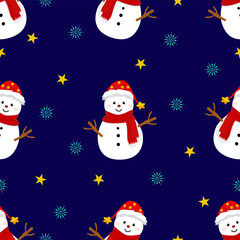 A cheerful seamless Christmas vector pattern with a snowman, snowflake and star 