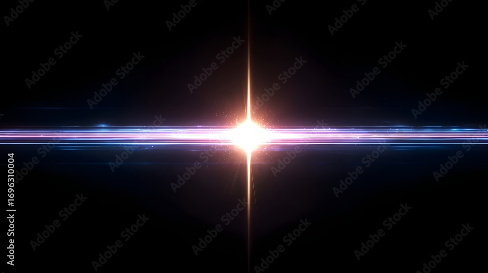 Poster a central, radiant light source bursts through a horizontal array of streaks of vibrant color agains