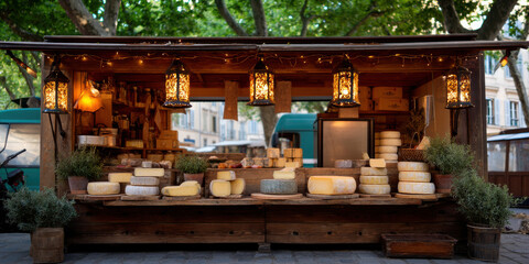 Cheese wheels displayed on wooden stall at outdoor market with warm lantern lighting and greenery