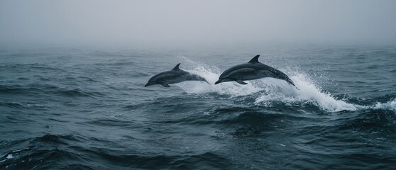 Fototapeta premium Wide shot of two dolphins leaping in sync from rough ocean waves with white splashes under a grey overcast sky, symbolizing freedom, harmony, and energy, ideal for nature, travel, or editorial use