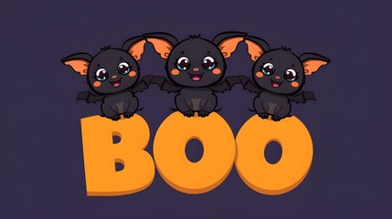 Flat design vector illustration, cartoon cute smilling black bats fly with letters boo in paws isolated on white background.