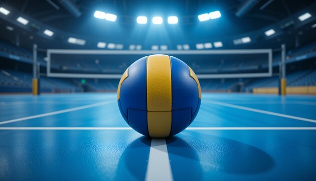 volleyball positioned on court under bright arena lights ready for an intense match to begin