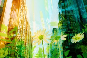 Urban Greenery: Cityscape Overlay with Flowers and Leaves