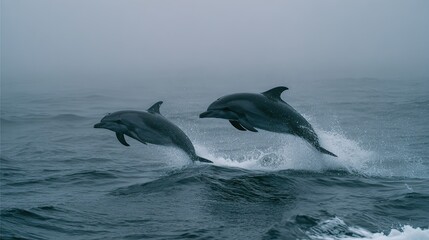 Fototapeta premium Wide shot of two dolphins leaping in sync from rough ocean waves with white splashes under a grey overcast sky, symbolizing freedom, harmony, and energy, ideal for nature, travel, or editorial use
