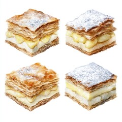 Four Layers of Delight: A delectable watercolor depiction of a pastry that is a layered culinary masterpiece, showcasing delicate flaky pastry, creamy fillings, and a dusting of powdered sugar.