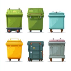 Urban Waste Management: A vibrant, top-down view of six industrial trash receptacles, highlighting recycling, waste disposal, and environmental responsibility