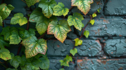 Ivy climbing a weathered teal brick wall.