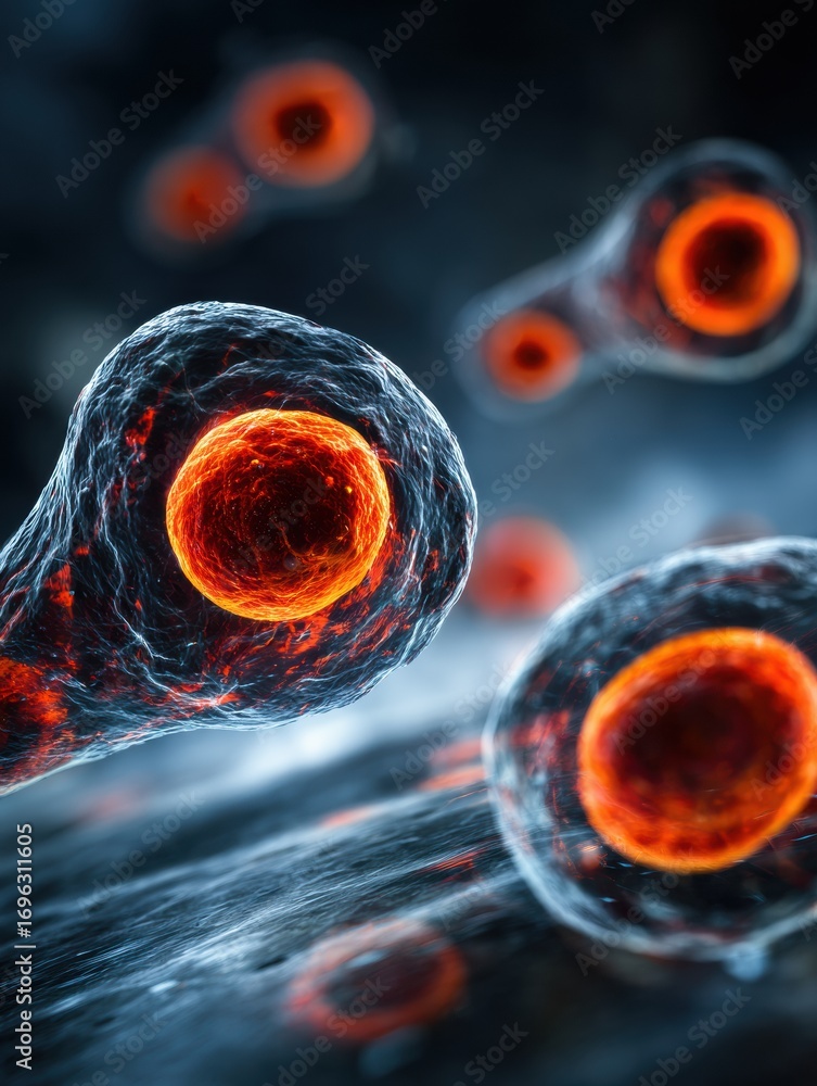 Poster detailed view of cellular structures displaying vibrant nuclei and intricate membranes in a microsco