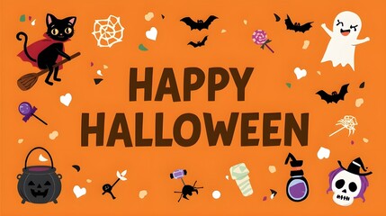 Happy halloween greeting with black cat ghost pumpkin and candy on orange background