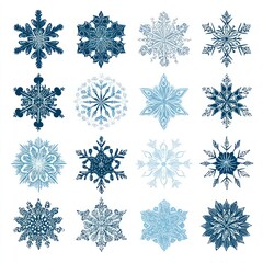 Snowflake Patterns: A collection of exquisitely detailed snowflakes showcasing the unique and intricate beauty of each individual ice crystal in shades of blue.