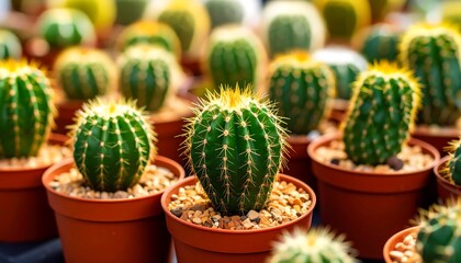 Close-up of many small cacti in terracotta pots