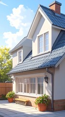 A charming, light-filled, digitally rendered image of a house with a tranquil backyard patio.