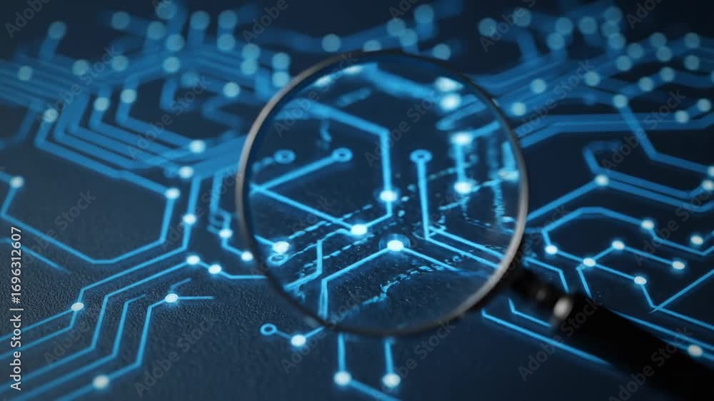 Aufkleber magnifying glass on circuit board network - a magnifying glass is positioned over a detailed circuit