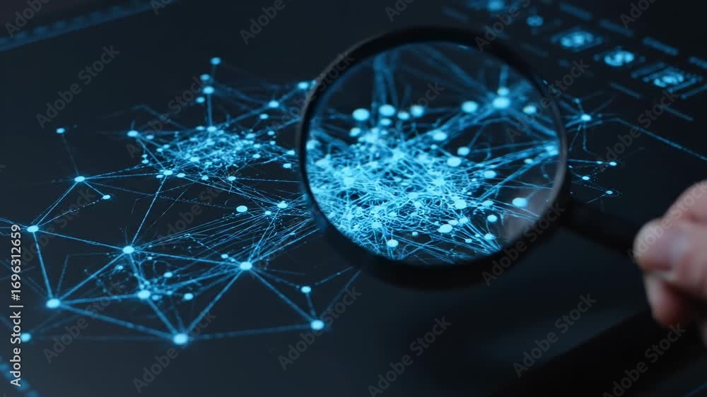 Poster analyzing network connections with magnifying glass - a magnifying glass reveals intricate details o