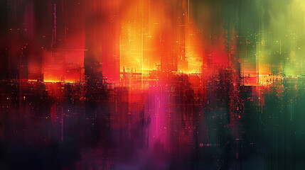 Abstract digital cityscape with vibrant colors and glitch effect.