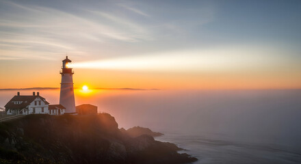 Coastal lighthouse beaming through sunrise fog on dramatic cliff edge